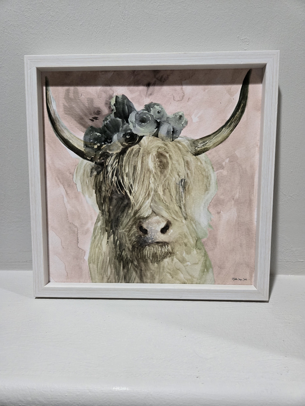 Framed Highland Cow Watercolor Wall Art - Pink